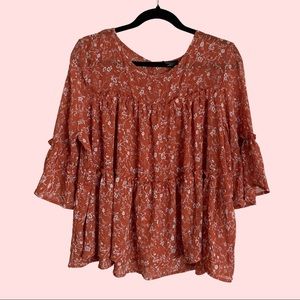 Lumiere | Rust Orange Floral Print Tier Blouse Size Medium